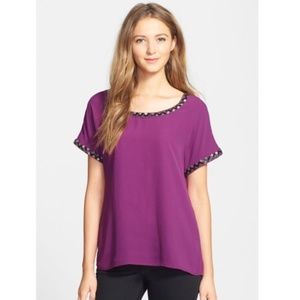 Pleione Purple Beadwork Short Sleeve Blouse Small